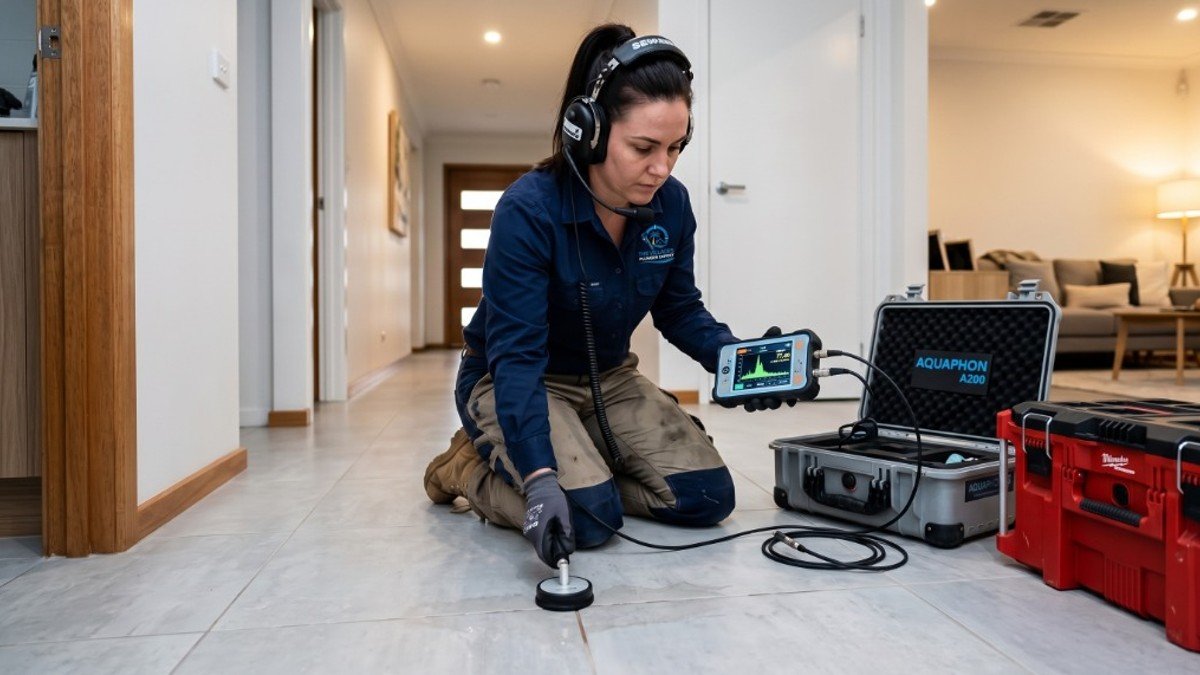 Plumbing technician using acoustic leak detection in Lake Panasoffkee, FL